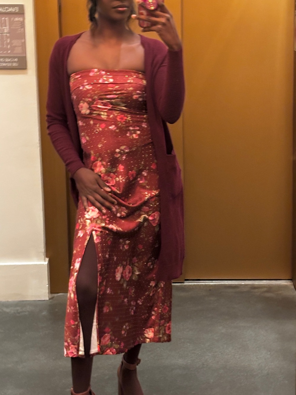 Rhinestoned Floral Strapless Midi Dress in Burgundy